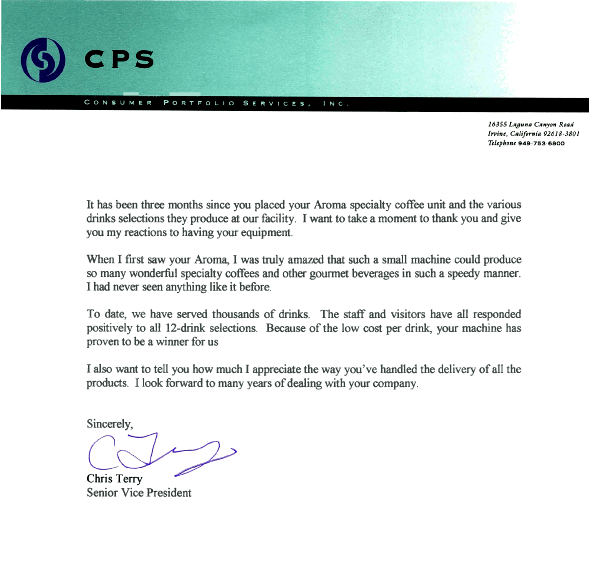 Testimonial from Consumer Portfolio Services, brokerage company in California on our coffee delivery services.